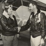 Greeted by a warm handshake from Lt. A. A. Libby Jr. (right), Lt. Luthers Vargas (left), son of Brazilian President Vargas, is welcomed to the US Naval Air Station at St. Louis, Missouri. 26 December 1943. Gift of Charles Ives, 2011.102