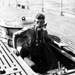 Crewman A.L. Rosenkotter wearing the Momsen Lung during training.  July 1930.  Photo, U.S. Naval Historical Center.