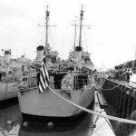 Ceremony at the Boston Naval Shipyard, Massachusetts, transferring the USS Eldridge (DE-173) and USS Garfield Thomas (DE-193) to the Royal Hellenic Navy on 15 January 1951.  Image courtesy of the National Archives and Records Administration.  