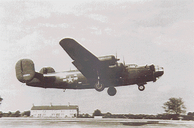 A Carpetbagger B24 Liberator taking off from RAF Harrington. Courtesy of the Carpetbagger Aviation Museum.