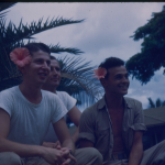 Crew of the B-29, Z Square 7, Hell's Belle, 42-24680, taken in Hawaii in 1945. Left to right: SSgt. Jack N. Lebid, Sgt. George Andrews, SSgt. Angelo M. Campanini. Gift of Lisle Neher, from the collection of The National WWII Museum.