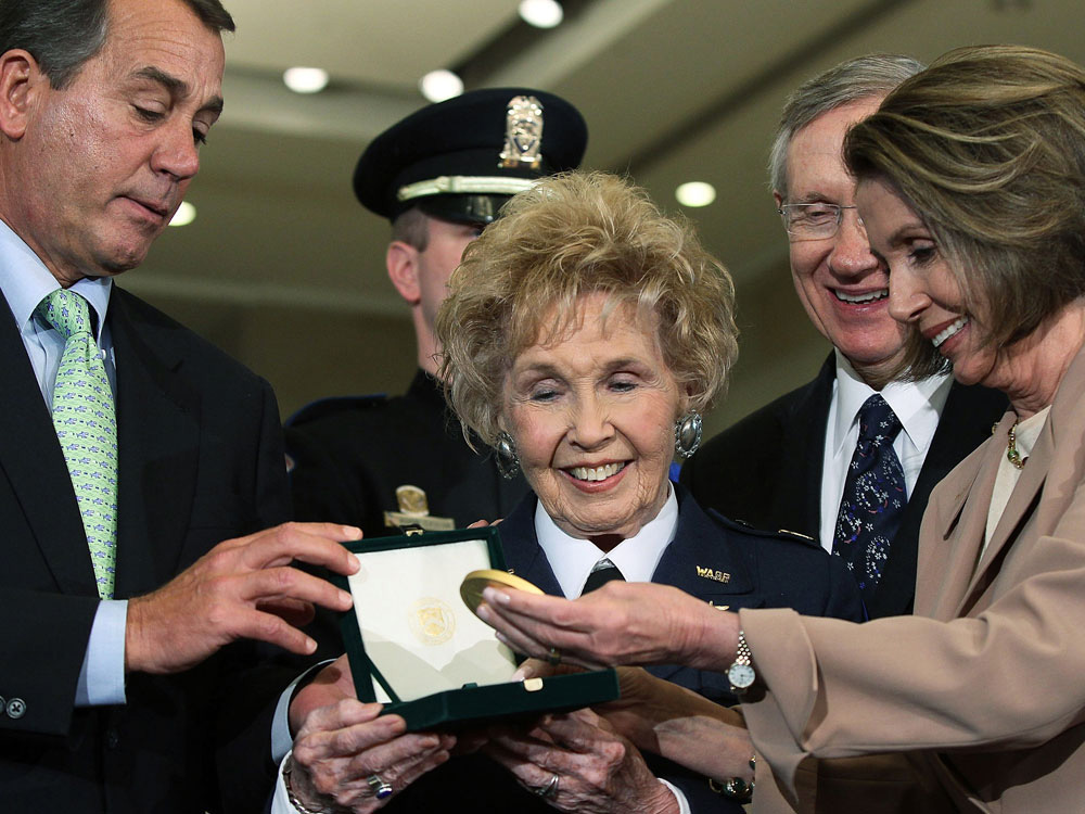 Deanie Parrish, former WASP pilot, accepting her Congressional Gold Medal. Photo courtesy of National Public Radio website.