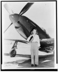 Jacqueline Cochran with an F-51 "Mustang" airplane. Photo courtesy of the Library of Congress online collections.